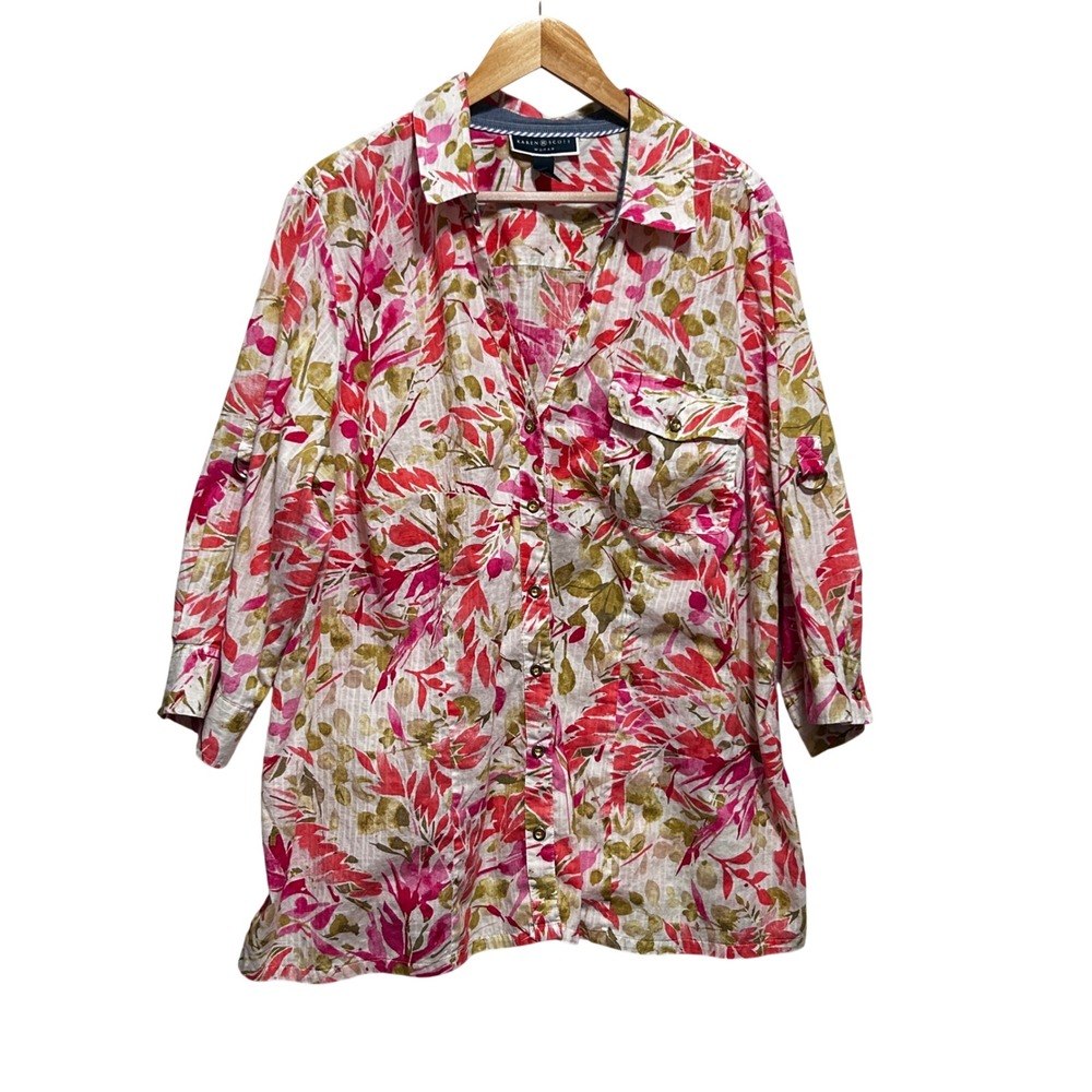 Karen Scott Woman Top 3X Pink Green Floral Leaf Print Cotton Roll Tab Button Up